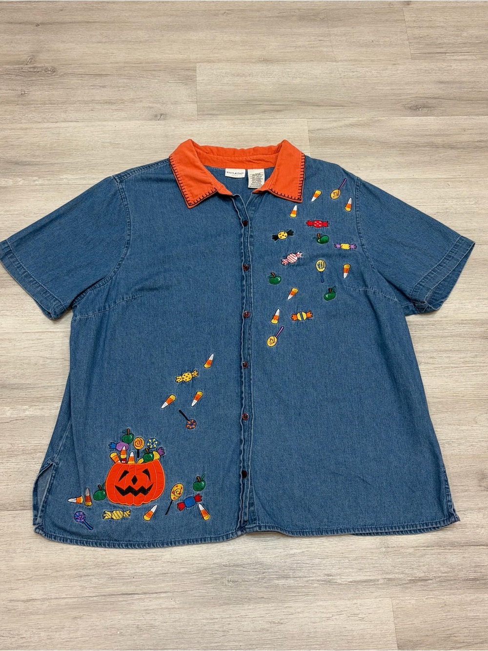 Vintage White Stag Denim Halloween Pumpkin Embroidered Button-Up Shirt Size18